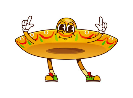 Groovy Mexican sombrero retro cartoon character with funny face, vector emoji. Groovy sombrero hat character with happy smile and hippie sign gesture for Mexican holiday fiesta in retro comic cartoonのイラスト素材