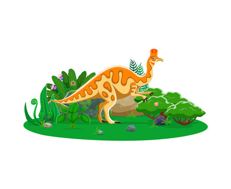 Corythosaurus prehistoric dinosaur cartoon character. Vector duck-billed herbivorous dino that lived in North America during the Cretaceous Period. Wildlife ancient animal with crest and long tailのイラスト素材