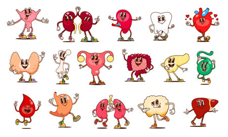 Groovy human body organ characters, vector anatomy, education. Cartoon retro psychedelic liver, heart, kidney and stomach internal organs. Hippie groovy lungs, pancreas, spleen and blood personagesのイラスト素材