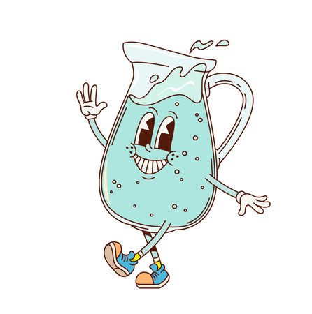 Cartoon groovy water jug or pitcher character with funny face, vector comic emoji. Groovy glass jug or pitcher with water with happy smile and funky Hi gesture for water drink retro cartoon characterのイラスト素材