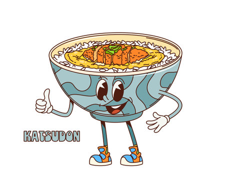 Cartoon retro groovy Katsudon donburi character. Isolated vector playful bowl of Katsudon, a Japanese rice dish funky personage with a smiling face, full of crispy cutlets over rice, gives a thumbs upのイラスト素材