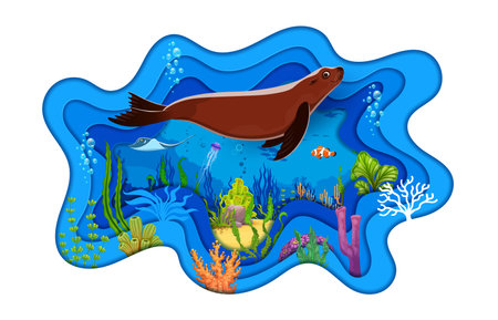 Paper cut sea underwater landscape with fur seal. Underwater life paper cut vector banner, aquatic nature animals wallpaper or 3d background with stingray, jellyfish, clown fish, seaweed plantsのイラスト素材