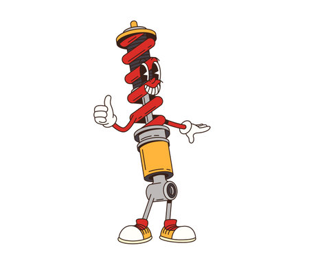 Cartoon retro groovy car shock absorber character. Vehicle mechanic garage groovy happy mascot. Car repair service transmission spare part isolated vector character or automobile workshop personageのイラスト素材