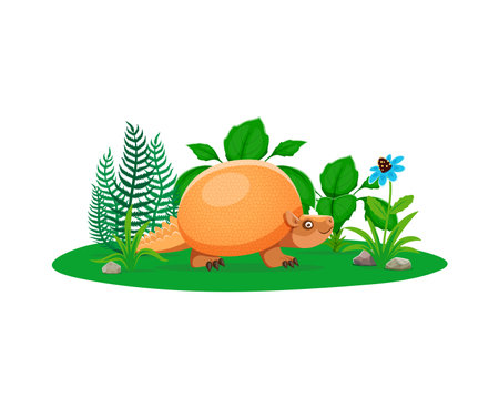 Cartoon Glyptodon dinosaur childish character. Prehistoric lizard cheerful vector personage, paleontology dinosaur or Jurassic era reptile cute mascot. Extinct Glyptodon animal character on meadowのイラスト素材