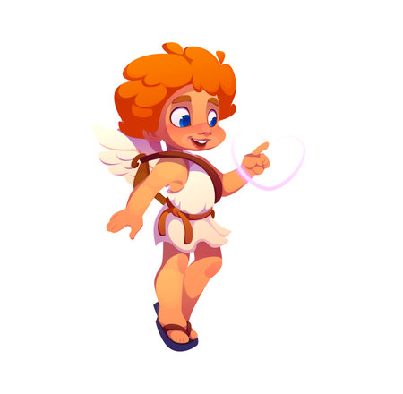 Cartoon cute Cupid or Cherub baby angel character drawing love heart with finger in air. Cupid with angel wings and bow vector personage of Valentine Day romantic love holiday, wedding and marriageのイラスト素材