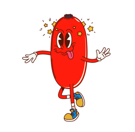 Cartoon groovy hawthorn berry fruit character. Isolated vector red berry with crazy face and stars around its head. Retro kids menu personage wearing vintage sneakers, exuding laid-back funky vibesのイラスト素材