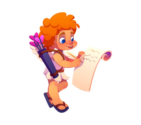 Valentine Day Cupid character with love list and heart arrows. Cute Cherub or Eros baby angel vector personage writing love letter. Valentine Day holiday, romance, wedding and marriage Cupid characterのイラスト素材