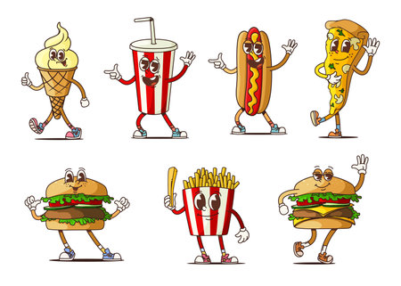 Groovy fast food characters of cute retro burgers, drink and dessert. Vector psychedelic fast food hamburger, pizza, hot dog and soda cup. Cartoon groovy french fries, ice cream cone and cheeseburgerのイラスト素材
