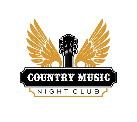 Country music club icon featuring a guitar headstock, golden wings and vintage Night Club typography. Vector emblem showcasing rustic retro vibe for country music performances, concerts or eventsのイラスト素材