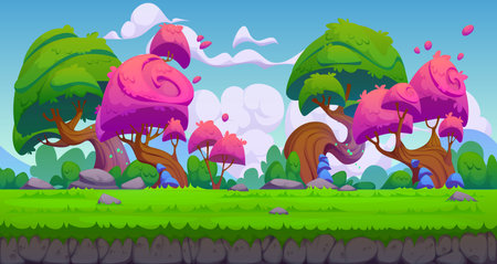 Game landscape with fairytale pink trees, white clouds and meadow. Cartoon vector fantasy game level parallax background with vegetation, blue sky and lush green field, invites for magical adventureのイラスト素材