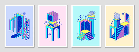 Psychedelic surreal y2k posters with portal and stairs capture retro futuristic aesthetics and dreamlike trippy elements. Vector vintage surreal universe with arches, geometric ladders and shapesのイラスト素材