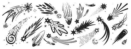 Doodle space shooting stars with trails, hand drawn starburst silhouettes in the night sky. Vectors set of black meteors or asteroids. Cosmic falling comets with traces, streaks of light, magic energyのイラスト素材
