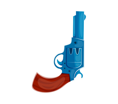 Cartoon letter J as a revolver, wild west gun with a brown grip, vintage cowboy font, typeface, western type, sheriff English alphabet character as a six shooter pistol weapon. Vector abc script signのイラスト素材
