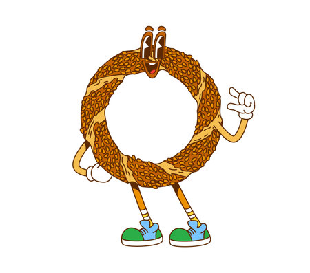 Groovy simit bagel, retro cartoon hippie fast food character, vector funny bread. Groovy simit bagel with sesame seeds, happy smile and funky face, psychedelic hippie or hipster fast food characterのイラスト素材