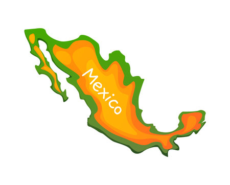 Cartoon map of Mexico country features contrasting layers of bold yellow, green and orange colors. Vector geographical region representing culture and heritage for learning, travel or education themesのイラスト素材