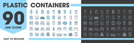 Plastic food containers and package line icons vector set. Linear signs of disposable cup, bottle, tray, box and wrap, coffee mugs, bags and plates. Jar, milk bottle, fast food packs and snack dishesのイラスト素材