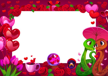 Valentines day greeting card, romantic festive frame with two snakes under a pink umbrella, red roses, heart balloons, tulips, coffee cup, love globe and ring box. Template for notes or invitationのイラスト素材