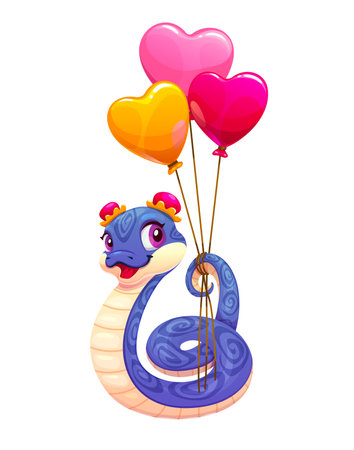Blue snake with valentines day heart balloons. Vector cartoon cute reptile character in traditional Chinese accessories, flying on bunch of vivid balloons. Serpent animal celebrates love and festivityのイラスト素材