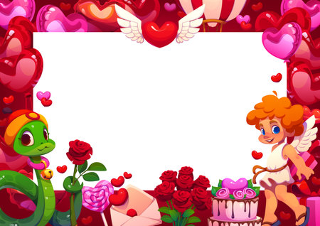 Valentines day greeting card. Vector frame with red and pink hearts, cute cartoon snake holding a rose, smiling cherub, lollipops and cake. Template for romantic messages, invitations or celebrationsのイラスト素材