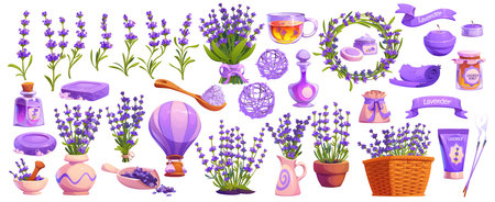 Lavender flowers, cosmetics and oil, vector spa products set. Cartoon purple flowers and green leaves of lavender plant, provence herb soap, cream, tea and bath salt, aromatherapy candles and sachetのイラスト素材