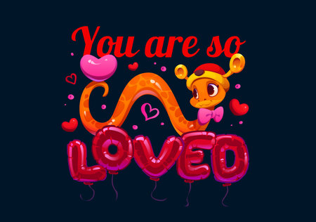 You are so loved valentines day phrase. Vector heartfelt banner featuring cheerful snake reptile in traditional Chinese hat holding pink heart with red balloon letters below. Quote spreading loveのイラスト素材