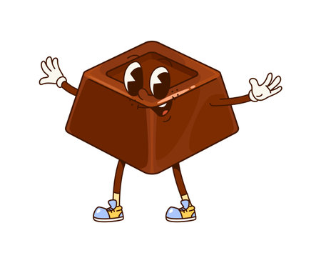 Groovy chocolate candy sweet character with expressive eyes, wearing blue sneakers and gloves, embodying joy and playfulness. Isolated vector candy pastry retro personage exudes a happy sweet vibeのイラスト素材