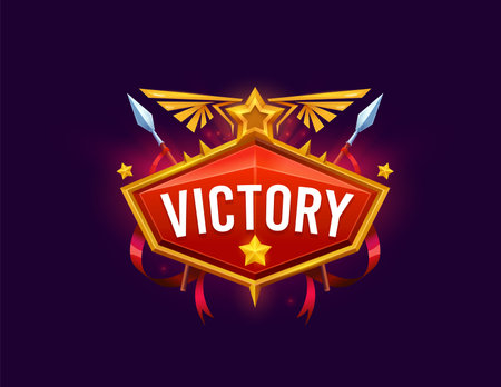 Game victory icon badge, award trophy, gui interface banner, rewards screen featuring golden star, raised spears, red ribbons and golden wings. Cartoon vector pop up gaming frame, winner achievementsのイラスト素材