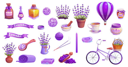 Cartoon lavender cosmetics and care, oil, perfume and flowers. Vector set including wildflower bouquet in pot or vase, hot air balloon and products like honey, soap and candles, tea, cream and bicycleのイラスト素材