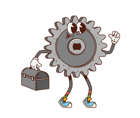 Cartoon retro groovy car gear character. Auto mechanic garage spare part retro groovy personage. Vehicle maintenance cog wheel funky isolated vector character or car repair service cartoon mascotのイラスト素材