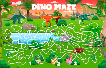Kids labyrinth maze game, help to dinosaur mothers find their dino babies. Cute prehistoric dinosaur animals puzzle quiz vector worksheet with find right way task, children education activityのイラスト素材
