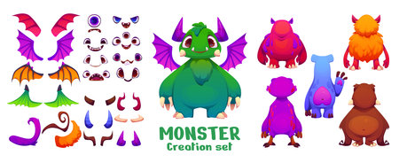 Cartoon monster creation kit, funny evil character constructor featuring body parts, includes eyes, wings, tails and horns, facial expressions and figure shapes to create unique and playful monsterのイラスト素材