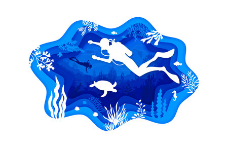 Diver at the paper cut underwater landscape poster. Underwater world landscape paper cut vector banner. Seabed wildlife 3d background with scuba divers, turtle, fishes and seaweed plants silhouettesのイラスト素材