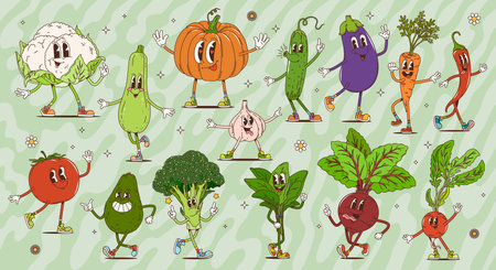 Cartoon retro groovy vegetable characters and personages, vector psychedelic farm food. Funky groovy tomato, avocado, chili pepper and cucumber, hippie broccoli, eggplant and pumpkin vegetablesのイラスト素材
