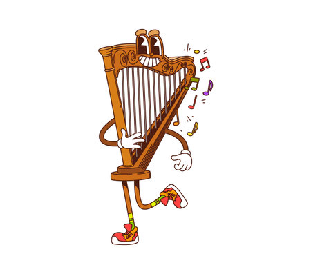 Cartoon groovy harp musical character. Isolated vector plucked, stringed funny instrument personage strumming on itself, playing music and expressing positive emotions with notes floating aroundのイラスト素材