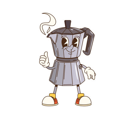 Cartoon groovy moka pot cheerful character. Coffee beverage or drink vintage brewer or maker isolated groovy vector mascot. Moka pot kettle funny personage or happy smiling character shoving thumb upのイラスト素材