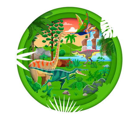 Paper cut prehistoric era landscape with tropical forest, dinosaurs and reptile characters. Vector brachiosaurus, suchomimus, quetzalcoatlus and tarbosaurus dino animals in 3d paper cut round frameのイラスト素材