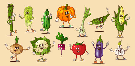 Funny groovy vegetables characters with happy expressions. Cartoon vector fresh and ripe veggies asparagus, cucumber, onion, pumpkin and tomato, eggplant, radish, squash and garlic with green peas podのイラスト素材