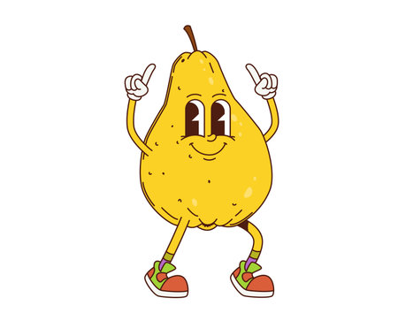 Cartoon retro groovy quince fruit character. Isolated vector vintage ripe fruit personage with expressive smiling face, wearing gloves and sneakers, striking pointing finger up pose with cheerful faceのイラスト素材