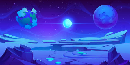 Frozen ice blue space planet landscape cartoon background, vector game UI. Fantasy blue planet and cloudy satellites of alien universe galaxy with ice surface, rock and mountain. Space game backgroundのイラスト素材