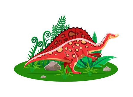 Ouranosaurus prehistoric dinosaur cartoon character. Isolated vector sail-backed friendly herbivore reptile animal in natural environment with greenery and rock. Early Cretaceous ancient era lizardのイラスト素材
