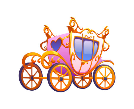 Wedding marriage and Valentine day symbol of fairy tale love carriage coach, cartoon vector. Wedding pink wagon cart on golden wheels and pink hearts for bride and bridegroom marriage or Valentine dayのイラスト素材
