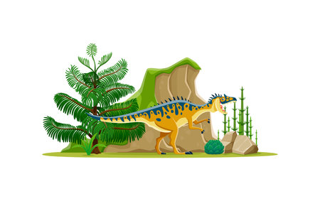 Neovenator prehistoric dinosaur character in a lush prehistoric forest natural habitat with a tree, rock and plants. Isolated cartoon vector ancient carnivore reptile animal of Early cretaceous eraのイラスト素材