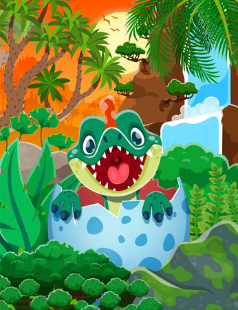 Cartoon dino kid in egg shell. Vector adorable newborn baby dinosaur emerges from a cracked egg in jungle with lush greenery and a waterfall backdrop. Lovely child dragon, Jurassic era cute monsterのイラスト素材