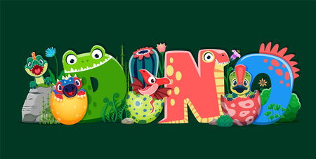 Funny cute dino kids, prehistoric baby dinosaurs in eggshell. Cartoon vector funny reptile characters hatching from eggs and colorful lovely letters forming word dino. Newborn lizards and monster fontのイラスト素材