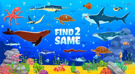 Kids game worksheet, find two same sea animals at underwater landscape. Details search riddle, same picture finding game worksheet with seal, shark, turtle and octopus, narwhal, stingray ocean animalsのイラスト素材