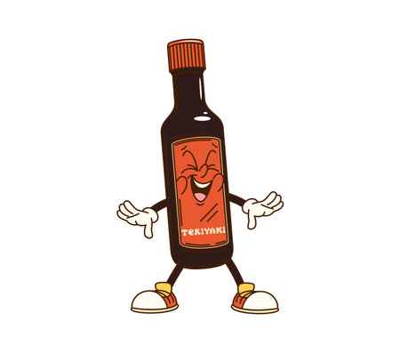 Cartoon groovy Teriyaki sauce bottle character with funny face, vector comic. Groovy funky Teriyaki sauce bottle cartoon character with happy laughing smile for Japanese cuisine or Asian noodlesのイラスト素材