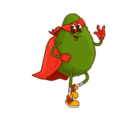 Groovy avocado superhero character or cartoon vegetable in super power cape, vector comic. Funny groovy avocado superhero character in rescue ranger mantle cape with happy face and fingers gestureのイラスト素材