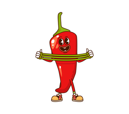Cartoon groovy chili pepper vegetable character stretching expander and doing sport exercises on fitness sport. Isolated vector veggie sportsman retro y2k farm personage engaged in healthy lifestyleのイラスト素材