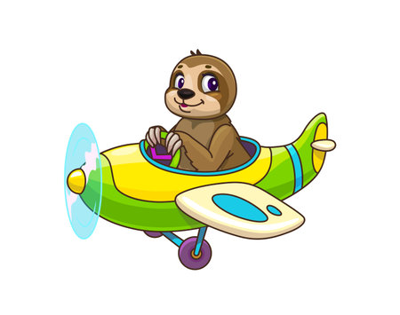 Cartoon sloth animal kid pilot on plane, baby character. Isolated vector adorable tropical sloth cub, cheerfully piloting vintage biplane with a propeller, evoking a sense of adventure and fun in skyのイラスト素材