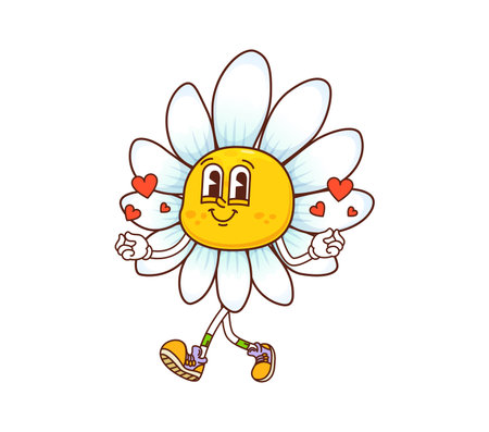 Groovy daisy chamomile flowers character. Spring flower in love funny groovy isolated vector personage, hippie chamomile cheerful mascot or summer daisy cute character walking and happy smilingのイラスト素材